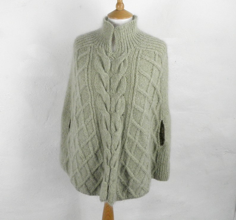 1970s Pale Green Hand Knit Cable Knit Mohair Wool Cape Poncho by Uttam of London Size S Boho Retro Country Art