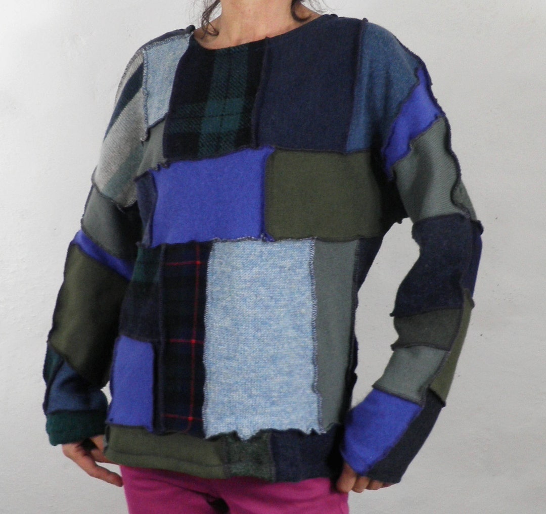 Handmade Wool Patchwork Jumper / Sweater in Blue Green and - Etsy