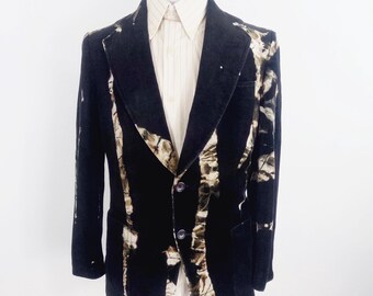 Black Cream and Brown Bleach Dye Cotton Velvet Tailored Blazer Jacket from JustIZ  Size S  Chest 38 inches Made in Wales Boho Tie Dye