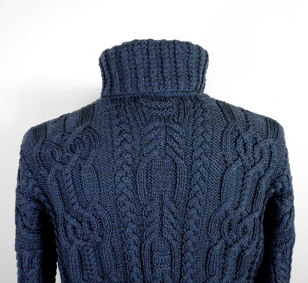70s Blue and Grey Hand Knit Intricate Cable Knit Wool Blend Roll Neck