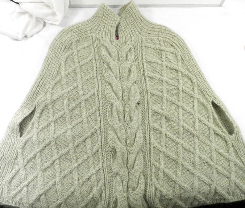 1970s Pale Green Hand Knit Cable Knit Mohair Wool Cape Poncho by Uttam of London Size S Boho Retro Country Art