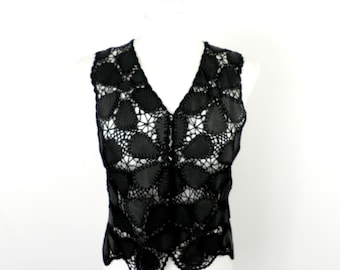 70s Leather and Crochet Intricate Black Patchwork Waistcoat / Gilet  Size S UK10 Boho Dance Glam Disco Sexy Summer