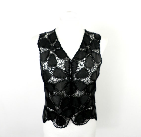 70s Leather and Crochet Intricate Black Patchwork… - image 1