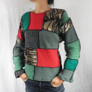 Patchwork Jumper Red Green & Animal Print  Size M Handmade Recycle