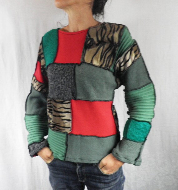 Patchwork Jumper rojo verde animal tamano de impresion M hecho a mano reciclaje Etsy Mexico