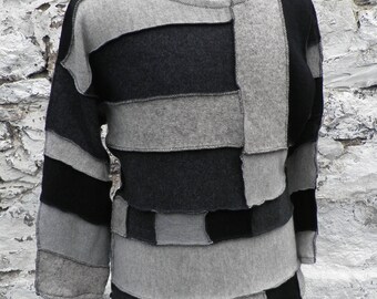 Handmade Monochrome Wool Patchwork Jumper / Sweater in Black Greys Oatmeal   Size  L Boho Art Eco