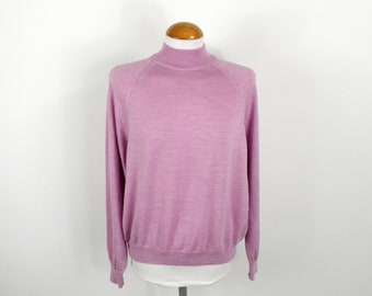 1980s Classic Lilac Fine Knit Merino Wool Sweater by Country Collection Size L UK 16 Boho Art Jazz Statementt