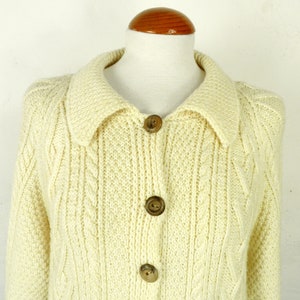 Cream Hand Knit Cable Knit Wool Cardigan with Cute Collar Size M Classic Boho  Traditional
