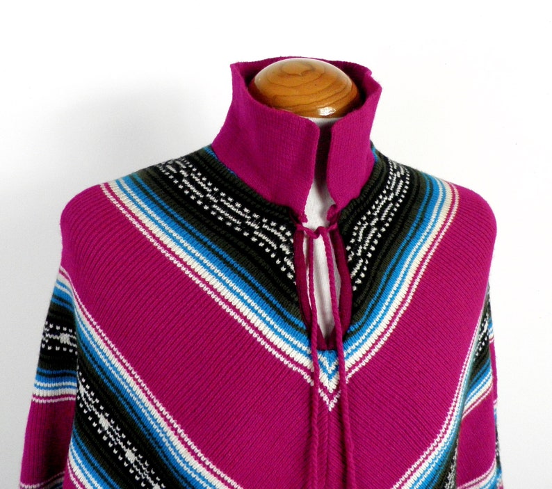 1970s Magenta White Turquoise and Black Geometric V Striped Acrylic Fringed Poncho Size S Boho Retro Art Festival Hippie Vegan Ethnic