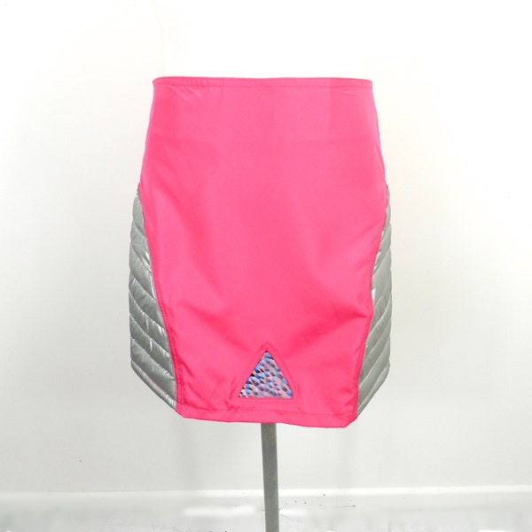 1990s New Hot Pink and Silver Padded Raver Mini Skirt by Toasta Size S UK 10 - 12 Rave Trance Party Punk Dance Festival