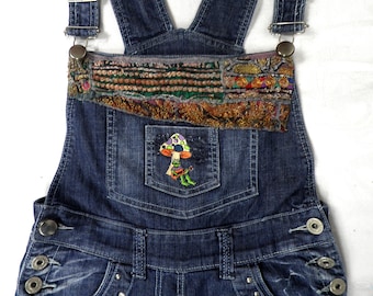 Dark Indigo Cotton Denim Reworked Upcycled Dungarees by JustIZ Size S