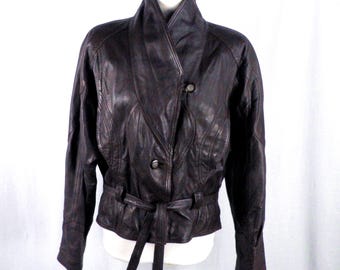 1980s Aubergine Purple Soft Kid Leather Jacket with Batwing Sleeves  Size M / L UK 14 - 16 Boho Funky Disco Glam