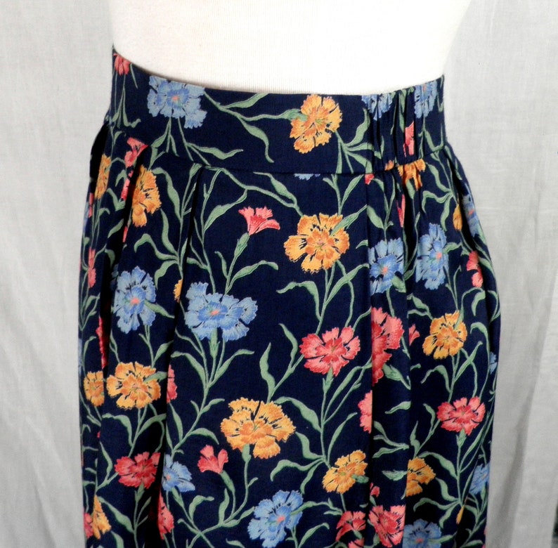 1980s Liberty Print New Blue Pink and Orange on Navy Floral Peasant Long Skirt by Marion Donaldson Size S UK 10 Made in England Boho image 3