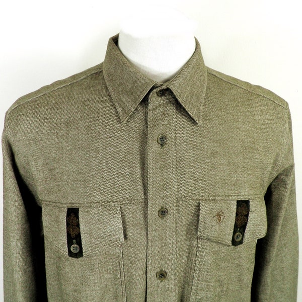 Vintage 1970'S Arrow KENT COLLECTION Tyrolean Pattern Long Sleeve Shirt, Men's Size L polyester unbleached Vintage Second Hand