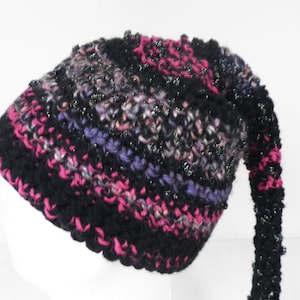 Black Purple and Pink Pixie Fairy Hand Crochet Hat With Tail  Size M