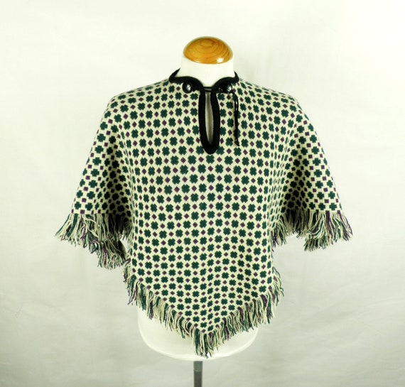 1960s Dark Green and Purple on Cream Geometric Wel
