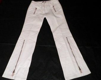 1990 White Nappa Leather Zip Flare Low Rise Trousers by Morgan de Toi Size S UK Size 10 / 12  Classic Boho Glam Rock Disco