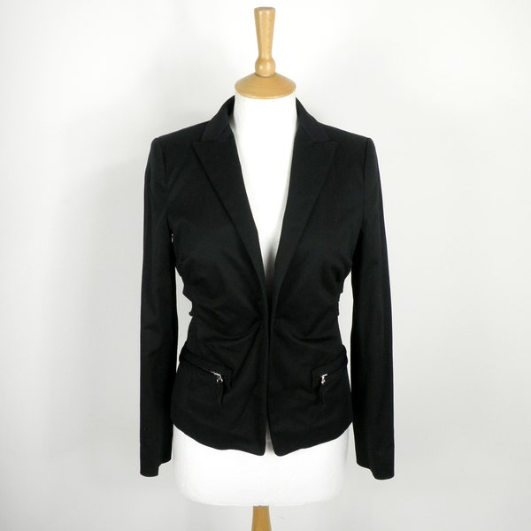 1990er Jahre Neue Schumacher Schwarz Wolle Rock N Form Blazer Jacke Größe XS UK 6 - 8 Mode Rare Cosmo Cocktail Glam