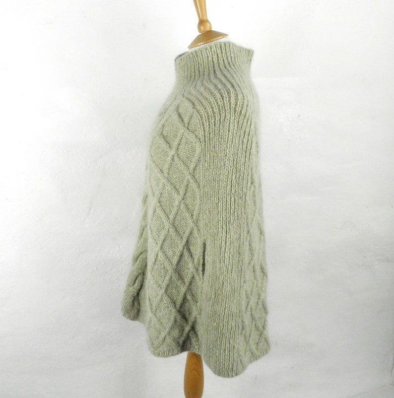 1970s Pale Green Hand Knit Cable Knit Mohair Wool Cape Poncho by Uttam of London Size S Boho Retro Country Art