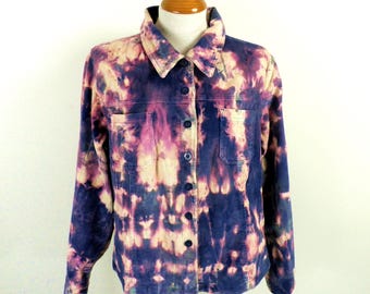 1970s Twilight Blue Pink and Purple Bleach Dye Cotton Corduroy Jean Jacket from JUSTIZ  Size L / XL  Made in Wales Boho Tie Dye Unique