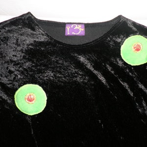 Mens Black Velour Velvet Long Sleeved Top Applique Neon Green Fun Fur Spots Size M / L by Corybant Original One Off image 5