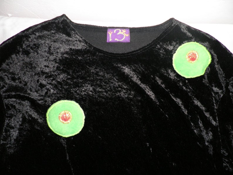 Mens Black Velour Velvet Long Sleeved Top Applique Neon Green Fun Fur Spots Size M / L by Corybant Original One Off image 5