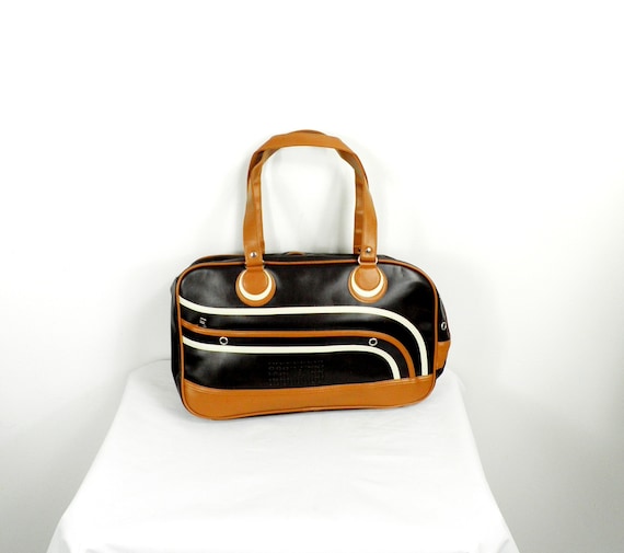 1980s Browns and Cream Stylised 70sUP PVC Carryall Man Bag Size 42