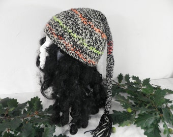 Monochrome Fairy With A Flash Of Neon Hand Made Crochet Wool Hat with Pixie Tail