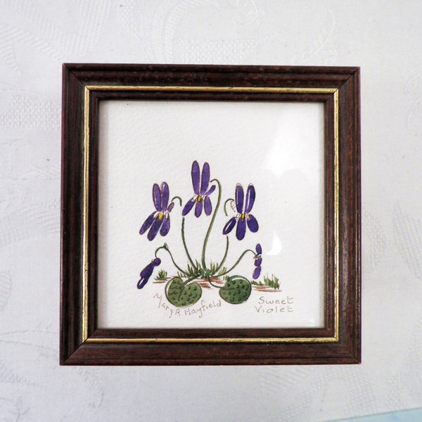 Miniature Water Colour Painting of Sweet Violet by Mary R Hayfield Art Original Flowers Nature Rare Collectable