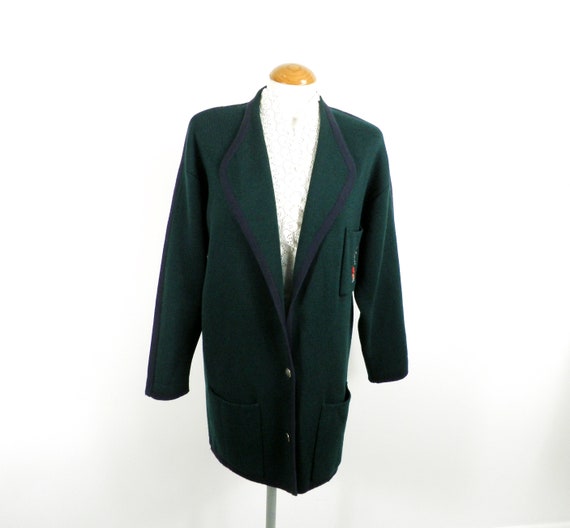 1970s Dark Forest Green and Navy Wool Cardigan wi… - image 2