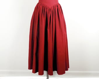 1980s Laura Ashley Dark Red Cotton Ruched A Line Long Skirt  Size XS UK 8  Made in Ireland Cosmo Peasant Evening Country