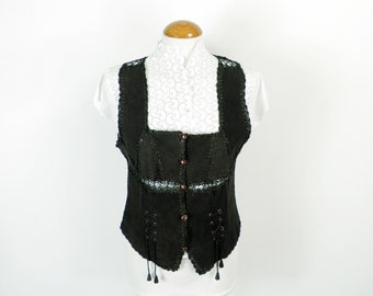 1980s Dark Brown Suede and Dark Olive Green Crochet Maid Marion Bodice / Gilet  Size S UK 11 Boho  Sexy Gypsy Western Country Folk
