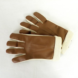 1970s Cream Fine Knit Cotton and Mid Brown PVC Mens Driving Gloves  Empire Made Size M Classic Traditional Car Driving Driver