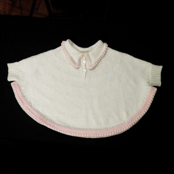 1960s White Hand Knit Wool Baby Cape with Pale Pink Edging Age 0 - 3 months  Boho Classic Pretty Cute