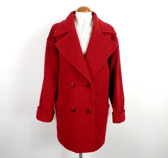 1980s Designer Raspberry Red Wool and Cashmere 3/4 Coat With Wide