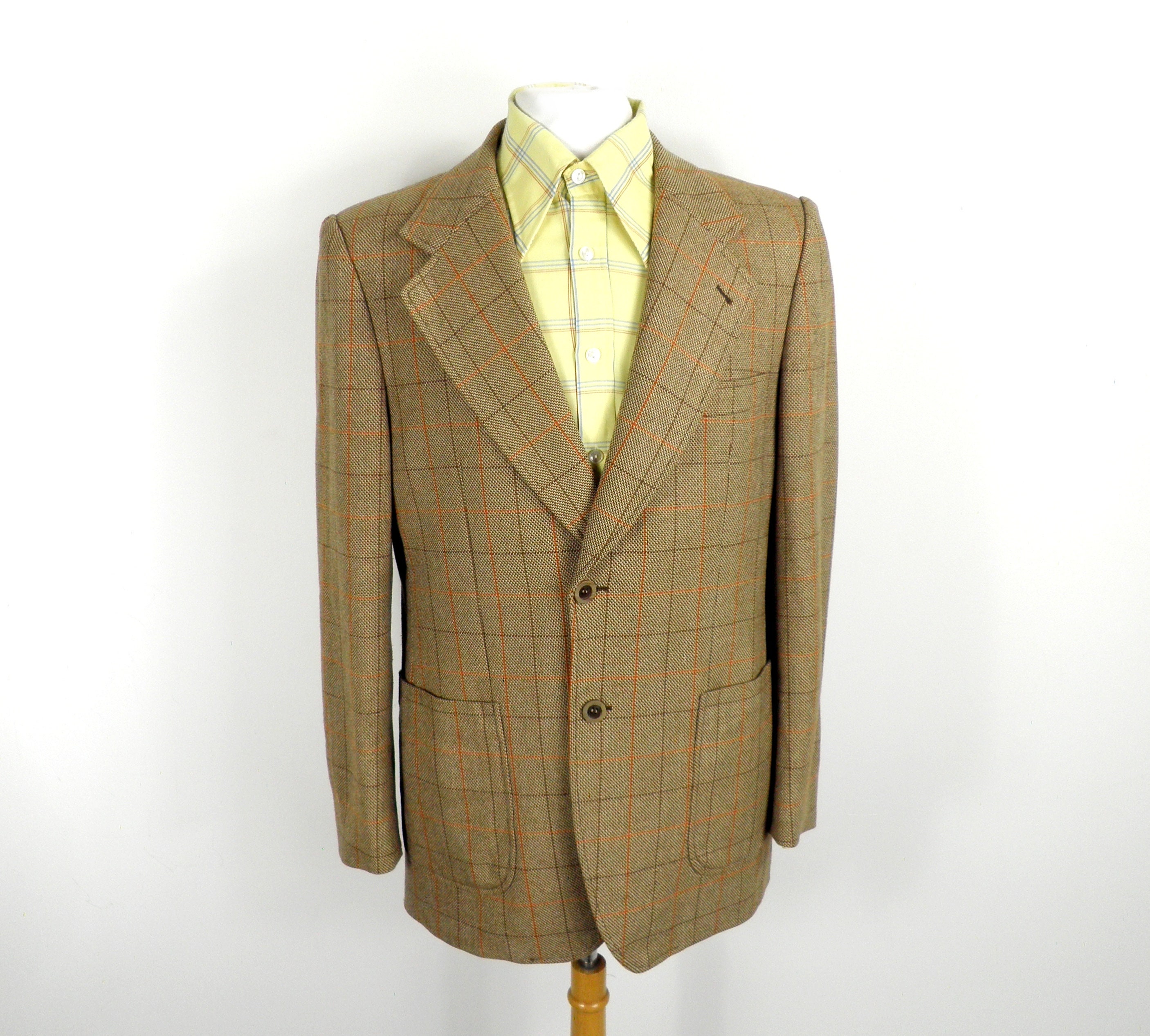 1960s Brown Ivory and Orange Window Pane Check Tailored Wool 