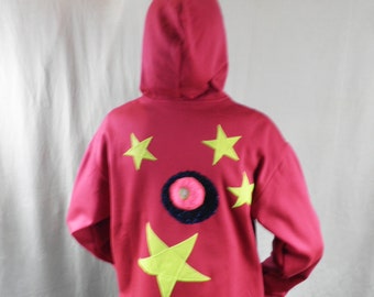 Deep Pink Hoodie with Applique Neon Stars and Sunspot   Size M  Rave Festival Wear by Corybant