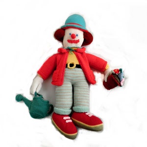 Gardener Clown with Watering Can Hand Knit Soft Toy  Size 63 x 35 x 10 cm  Cuddly Toy Child Garden Mascot Clown Play Gift Present