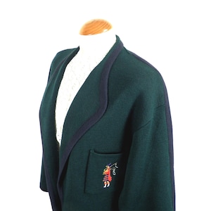 1970s Dark Forest Green and Navy Wool Cardigan with Embroidered Bagpiper by Yarell Made in Germany Size M / L UK 14 - 16 Classic Boho Folk