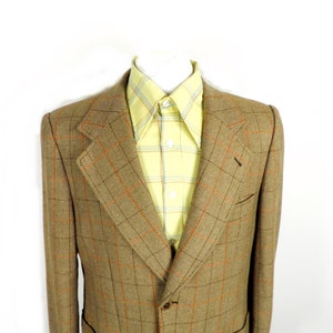 1960s Brown Ivory and Orange Window Pane Check Tailored Wool Sports Jacket with Wide Lapels by Suit King Size L Chest 42 inches Boho Classic