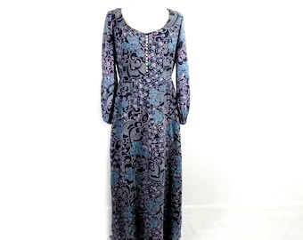 1960s Blue & Purple Paisley Floral Semi Opaque Chiffon Maxi Dress by Quad Size S UK 10  Iconic Boho Country