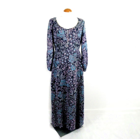 1960s Blue & Purple Paisley Floral Semi Opaque Ch… - image 1