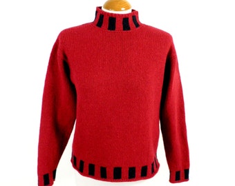 Wool and Silk Deep Red and Navy Low Turtle Neck Jumper by IrelandsEye Size S  Made in Ireland Classic Country Traditional