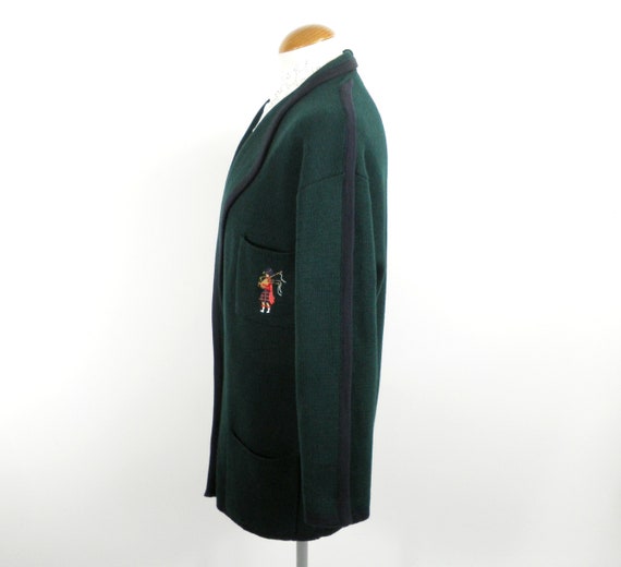 1970s Dark Forest Green and Navy Wool Cardigan wi… - image 4