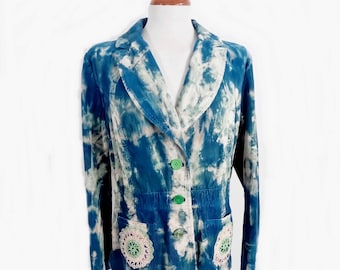 Aqua Blue Jade and Cream Reverse Tie Dye Cotton Corduroy Jean Jacket from JUST IZ  Size L / XL Size 18 Made in Wales Boho Tie Dye Unique
