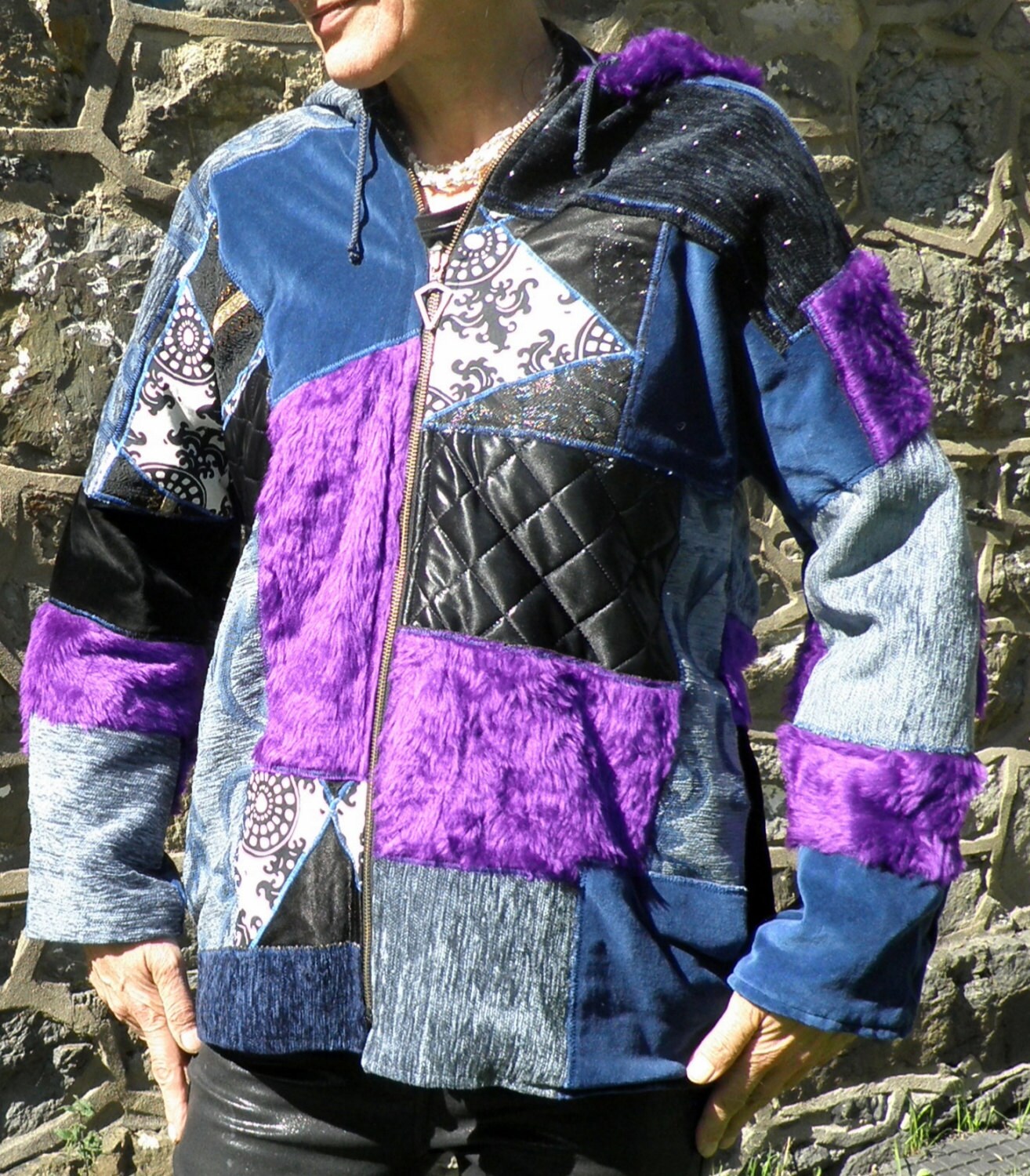patchwork hooded coat