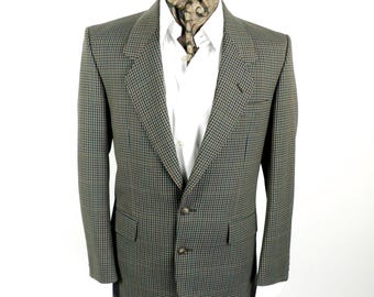 1970s Teal Tan Green and Brown Check Tailored Wool Blazer Jacket by Christian Dior Monsieur Size S / M 38 inch Chest Traditional Classic