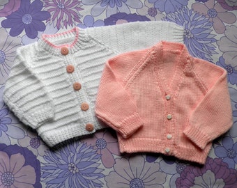 2 x Vintage Hand Knit Wool Blend Babies Cardigans in Pink and White Boho Cool 1980s