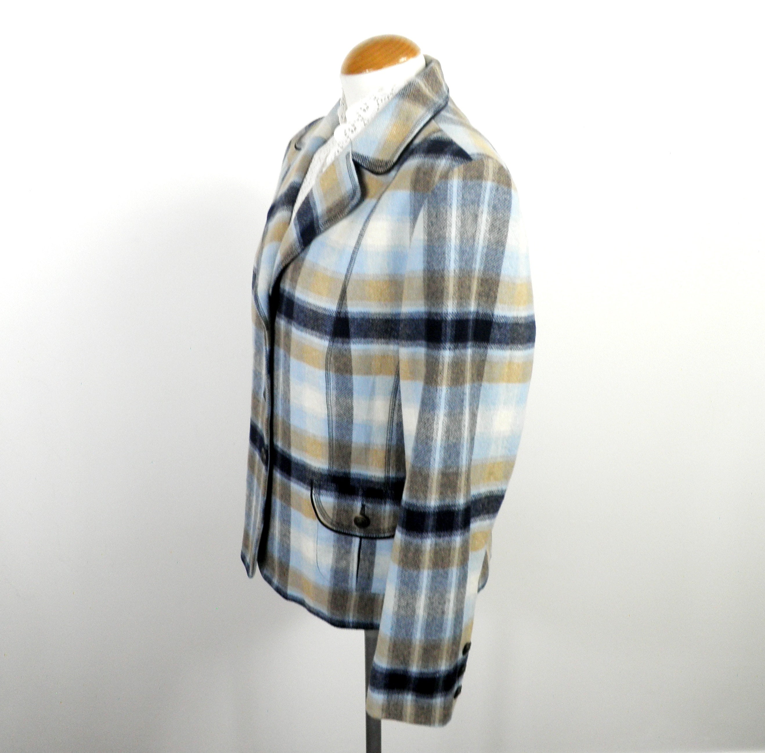 1980s Blue Black and Beige Check Fitted Wool Blazer Jacket by Pier
