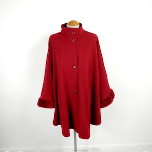 1960s Deep Red Wool and Cashmere Midi Cape with Mandarin Collar by Lady Charme Size M / L UK 14/16 Classic Glam Fairy Boho Folk Fairy Magic